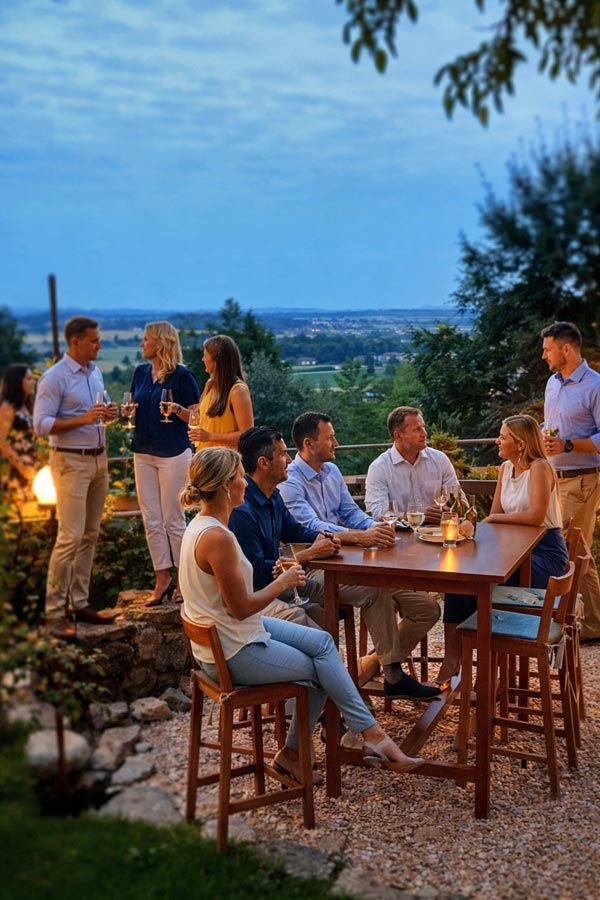 Tagungsteilnehmer in der Pause auf der Terrasse